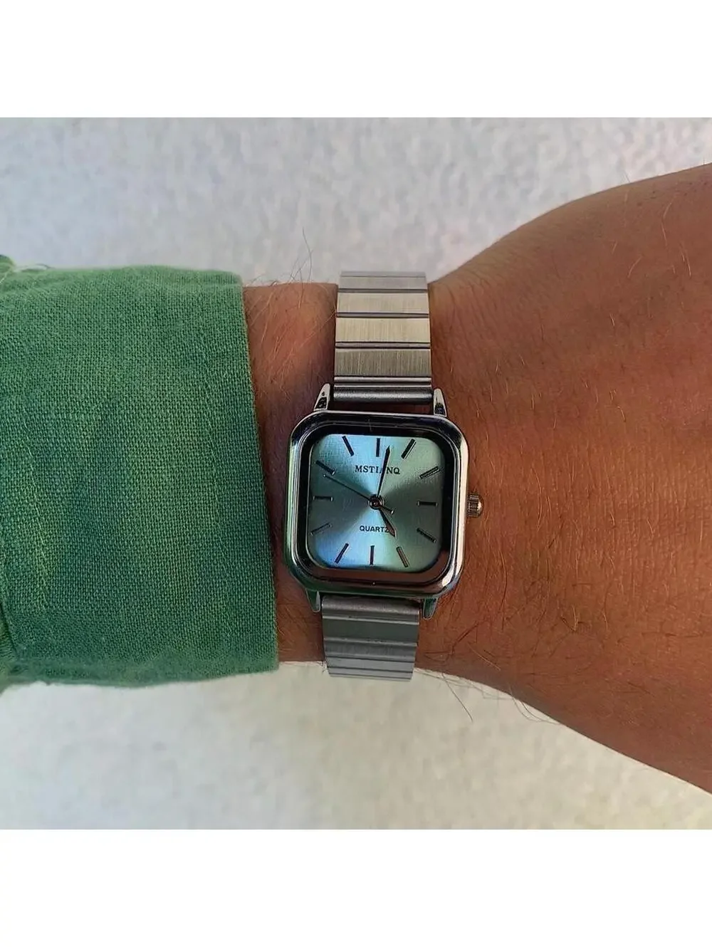 Blue face stainless silver square watch. Classy sporty style watch. Stainless